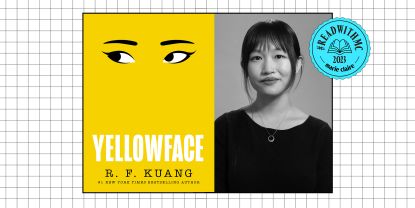 R.F. Kuang and 'Yellowface' book cover on white grid with blue ReadWithMC 2023 Marie Claire stamp 