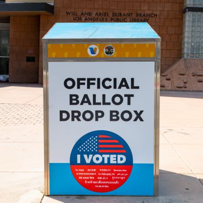 HOLLYWOOD, CA - OCTOBER 06: A newly installed Ballot Drop Box for the General Election in California is seen at the Will & Ariel Durant Branch of the Los Angeles Public Library on October 06, 2020 in Hollywood, California. (Photo by AaronP/Bauer-Griffin/GC Images)