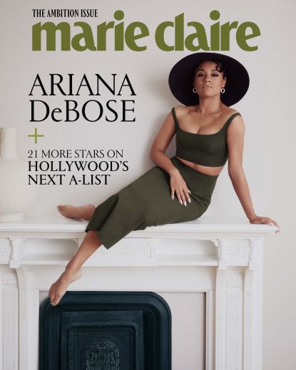 Marie Claire's Ambition Issue Cover featuring Ariana DeBose sitting on a mantel wearing a green two-piece set